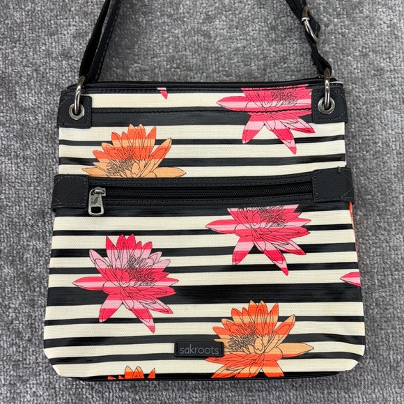Sakroots Artist Crossbody Shoulder Satchel Bag Purse Striped Black White Floral - Picture 2 of 10